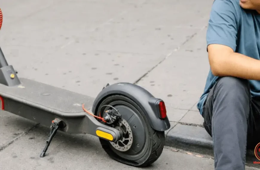 Usuario de patinete eléctrico reparando un pinchazo en un neumático con cámara, mostrando la principal desventaja de este sistema.