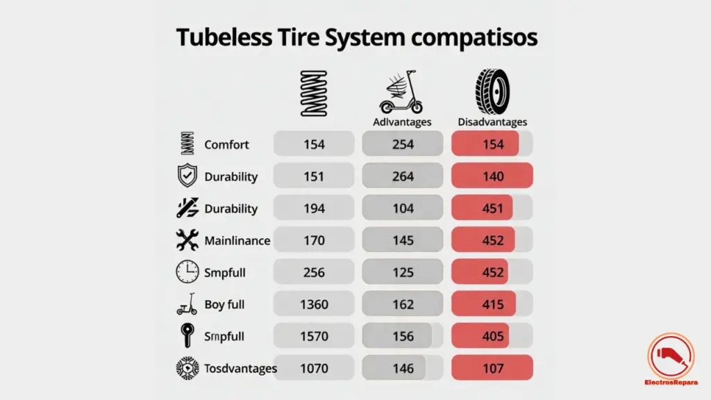 Infografía comparando las ventajas y desventajas de los neumáticos tubeless frente a los de cámara para patinetes eléctricos en 8 características clave