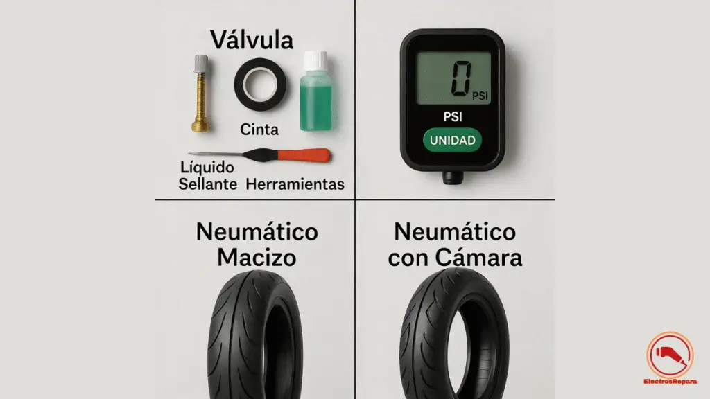 Collage de imágenes sobre el mantenimiento de neumáticos de patinete: kit tubeless, medidor de presión y comparación con rueda maciza