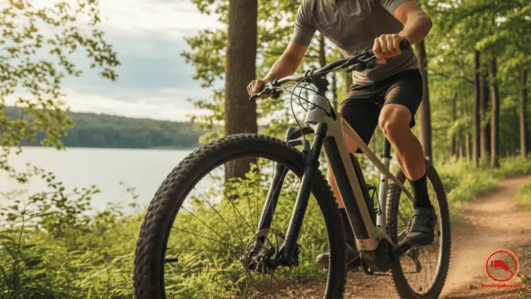 Ciclista de montaña utilizando una e-bike con la transmisión optimizada y revisada, logrando una máxima eficiencia en subidas técnicas con asistencia de motor.