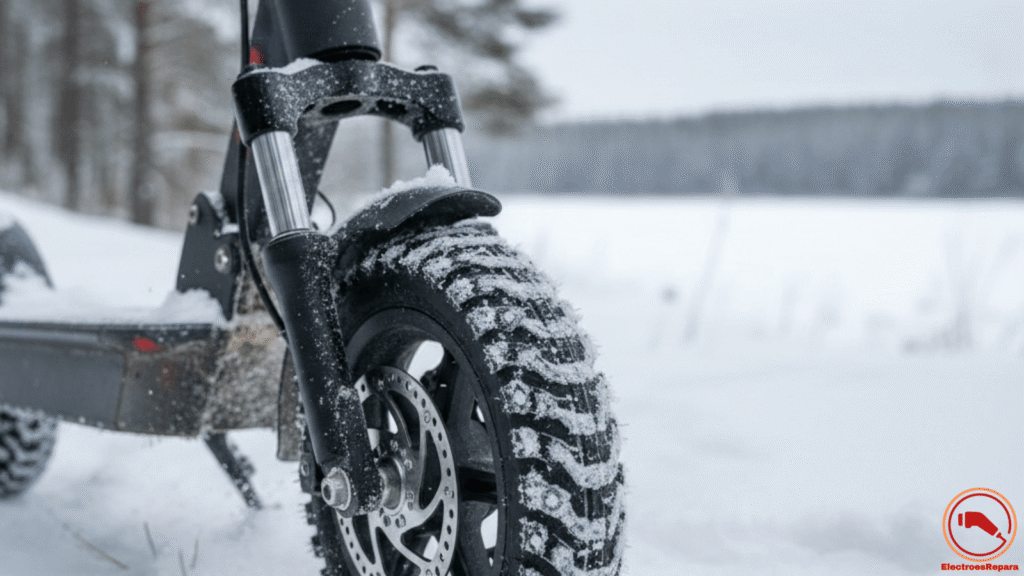 Primer plano de una rueda de patinete eléctrico con neumático de tacos para nieve, demostrando la importancia de un buen agarre durante el mantenimiento invernal.