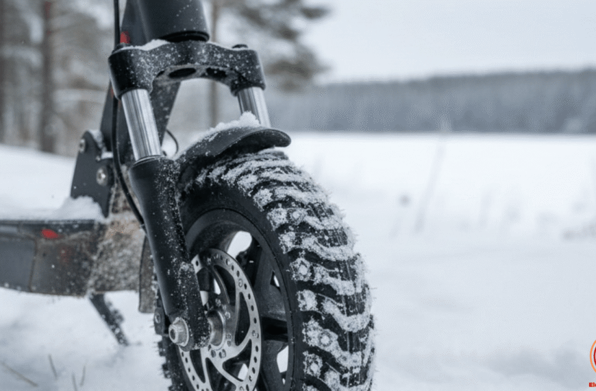 Primer plano de una rueda de patinete eléctrico con neumático de tacos para nieve, demostrando la importancia de un buen agarre durante el mantenimiento invernal.