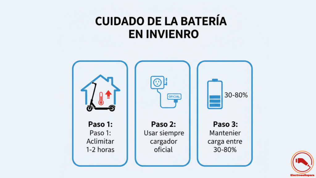 Infografía con los 3 pasos esenciales para el cuidado de la batería de un patinete eléctrico en frío: aclimatar, usar cargador oficial y mantener la carga óptima.
