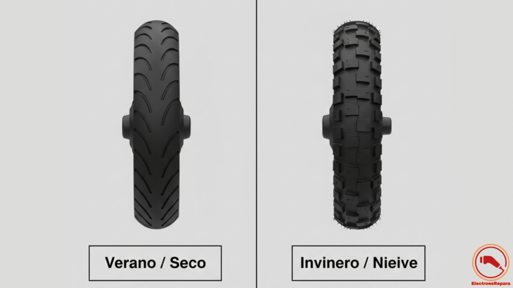 Comparativa visual entre un neumático de verano liso y un neumático de invierno con tacos para patinete eléctrico, destacando la diferencia de agarre.
