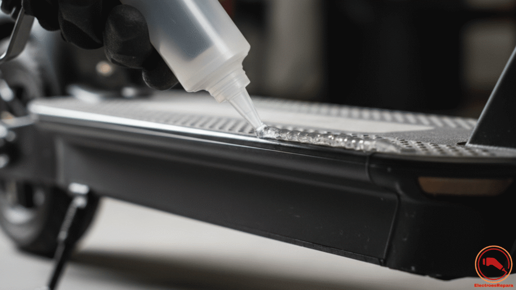 Detalle de cómo impermeabilizar un patinete eléctrico aplicando sellador de silicona en las juntas para proteger la electrónica del agua y la humedad.