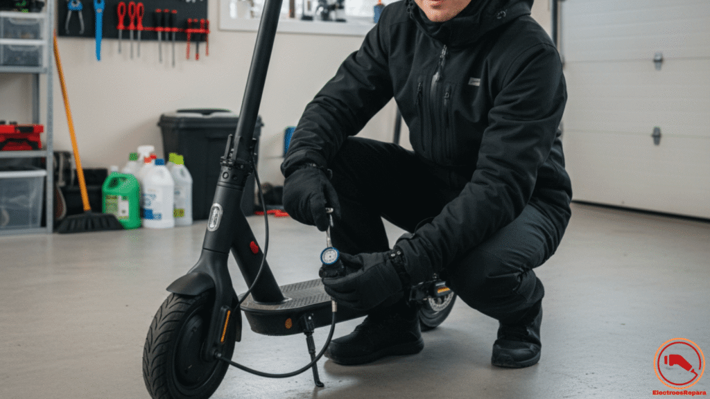 Usuario realizando una revisión de seguridad y mantenimiento a su patinete eléctrico en un garaje, listo para rodar en invierno con confianza.