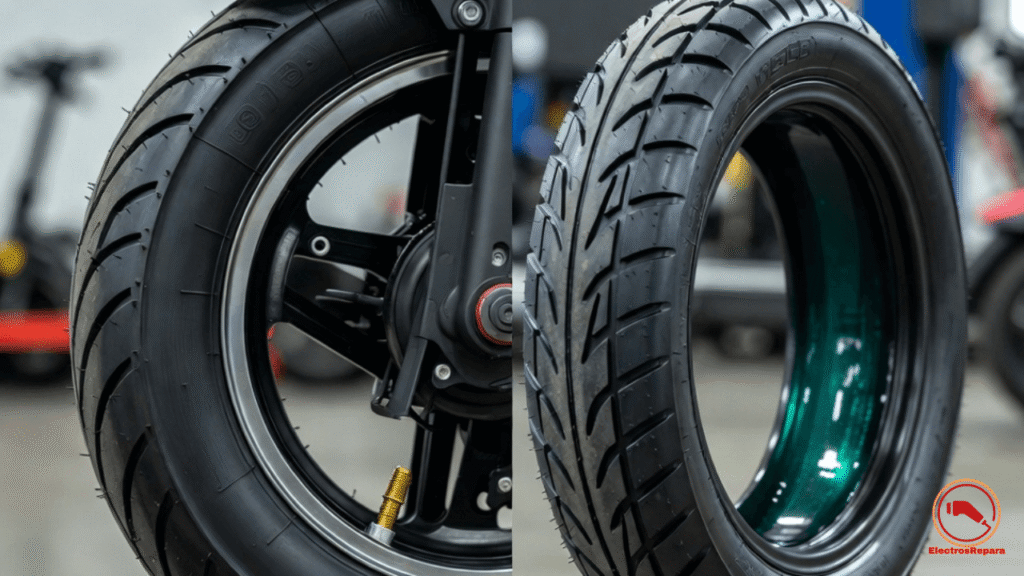 Comparativa visual entre un neumático de patinete eléctrico tubeless con líquido sellante y uno tradicional con cámara de aire.