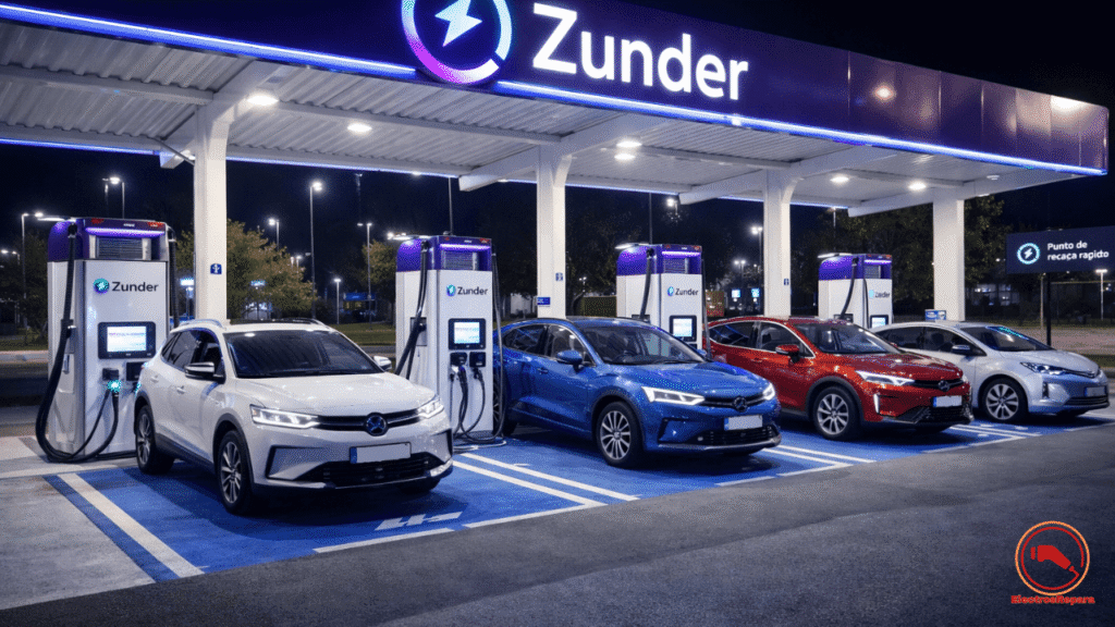 Estación de Recarga Rápida de Zunder con Varios Vehículos Eléctricos
