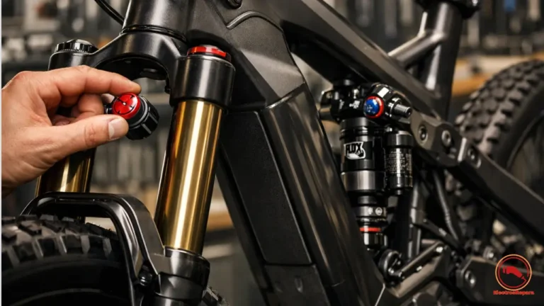 Mecánico profesional realizando el ajuste de precisión en los diales de una e-MTB para optimizar el rendimiento.