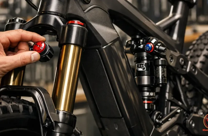 Mecánico profesional realizando el ajuste de precisión en los diales de una e-MTB para optimizar el rendimiento.