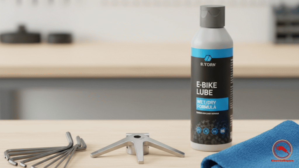 Kit de herramientas esenciales para el mantenimiento preventivo de la transmisión de una e-bike, incluyendo medidor de desgaste de cadena y lubricante específico para motores eléctricos.