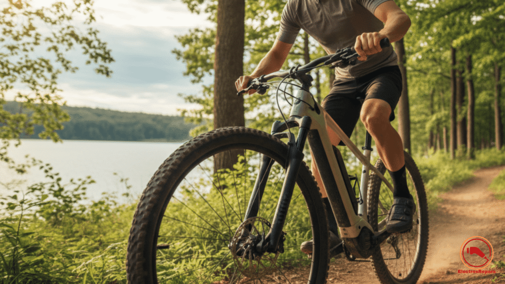 Ciclista de montaña utilizando una e-bike con la transmisión optimizada y revisada, logrando una máxima eficiencia en subidas técnicas con asistencia de motor.