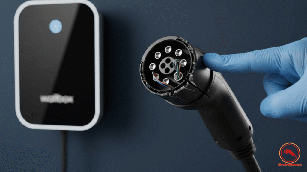 Inspección visual de cable de carga EV dañado con grietas en la cubierta para prevención de averías.