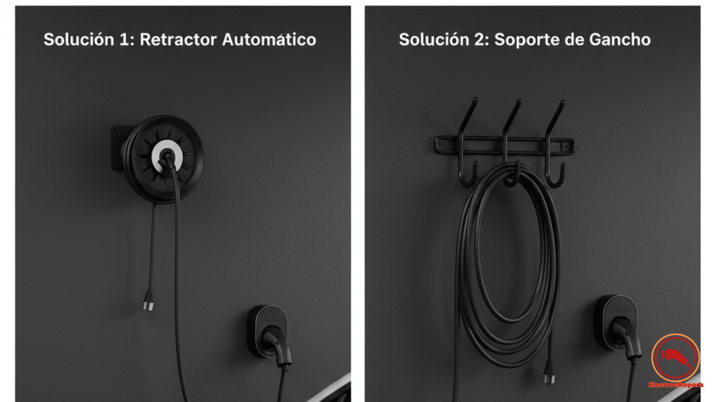 Sistema de gestión de cables con retractor y ganchos en J para proteger el punto de recarga doméstico.