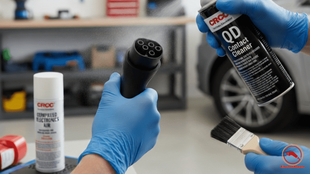 Limpieza de pines de cargador de vehículo eléctrico con spray limpiador de contactos dieléctrico.