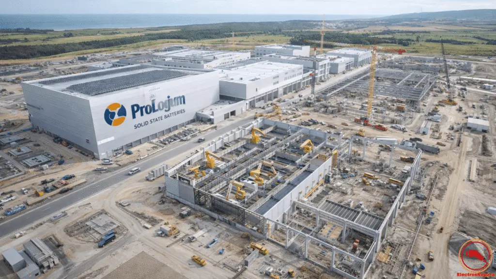 "Vista arquitectónica de la gigafábrica de ProLogium en Dunkerque, Francia, proyectada para 2026, especializada en la producción masiva de baterías de estado sólido Gen4 para el mercado europeo de vehículos eléctricos."