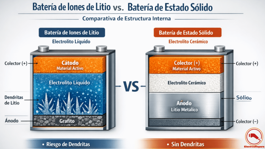 "Infografía técnica comparativa: estructura de celda de batería de iones de litio con electrolito líquido vs. batería de estado sólido con electrolito cerámico y ánodo de litio metálico, destacando la eliminación de dendritas."