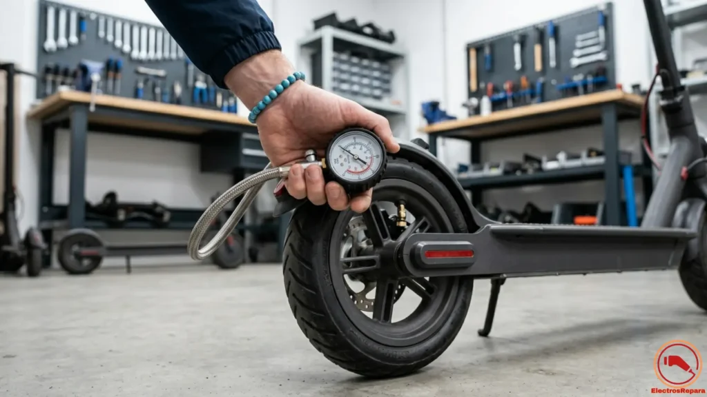  Ajuste de presión de neumático de patinete eléctrico con manómetro y bomba, ilustrando el mantenimiento preventivo.