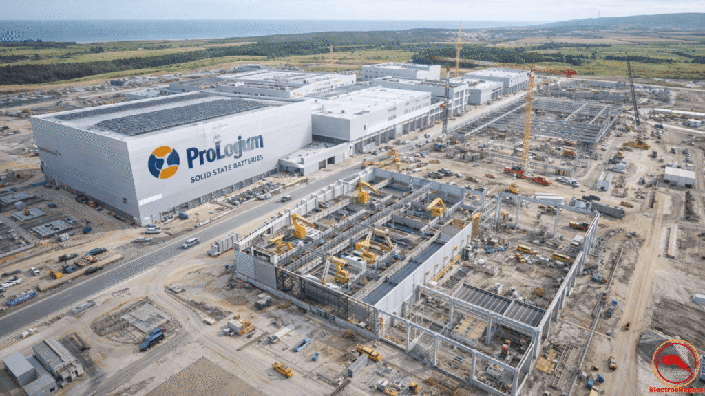 "Vista arquitectónica de la gigafábrica de ProLogium en Dunkerque, Francia, proyectada para 2026, especializada en la producción masiva de baterías de estado sólido Gen4 para el mercado europeo de vehículos eléctricos."