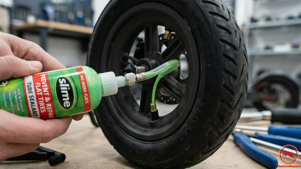 Aplicación de líquido antipinchazos (Slime) en neumático de patinete eléctrico, mostrando una solución de prevención.
