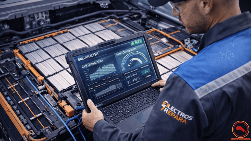 "Técnico de Electros Repara utilizando equipo de diagnóstico avanzado para monitorizar el BMS de una batería de estado sólido, analizando parámetros de conductividad iónica y salud de las celdas cerámicas."