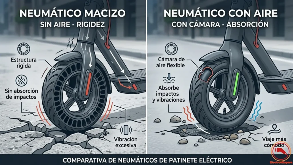 Comparación visual entre neumáticos macizos y con aire para patinetes eléctricos, destacando sus diferencias.
