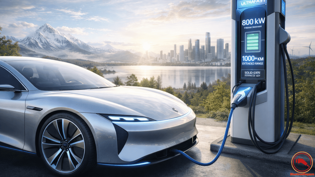 "Vehículo eléctrico de próxima generación en estación de carga de megavatios (MCS), simbolizando la autonomía superior a 1.000 km y tiempos de recarga de 5 minutos gracias a la tecnología de estado sólido."