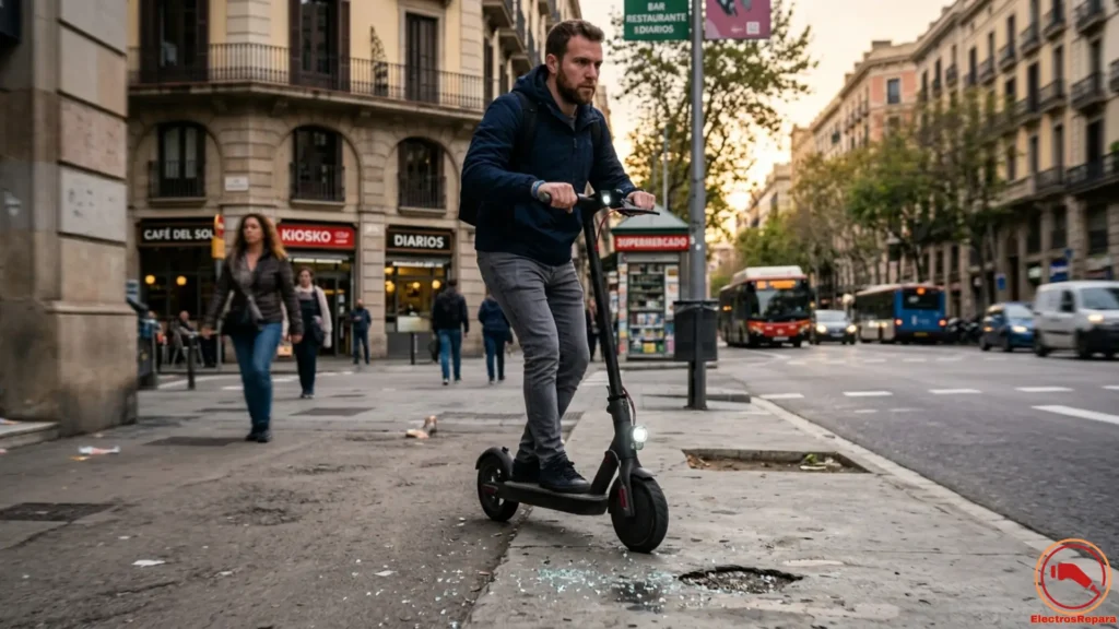 Conducción segura de patinete eléctrico, evitando obstáculos y promoviendo la prevención de pinchazos.