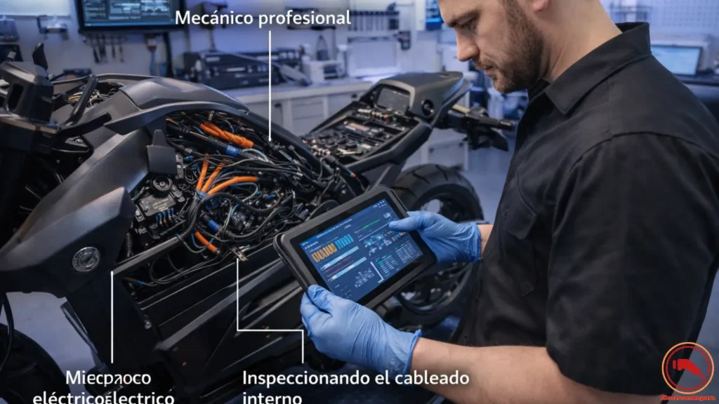 Técnico especializado diagnosticando el cableado de una moto eléctrica en taller.