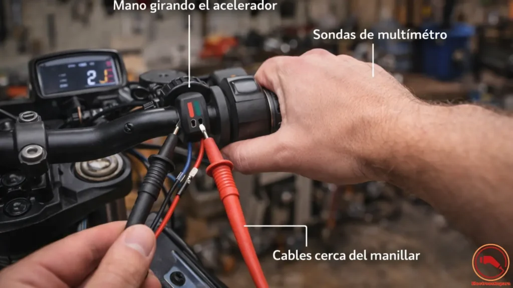Medición con multímetro del sensor Hall en el acelerador de una moto eléctrica.