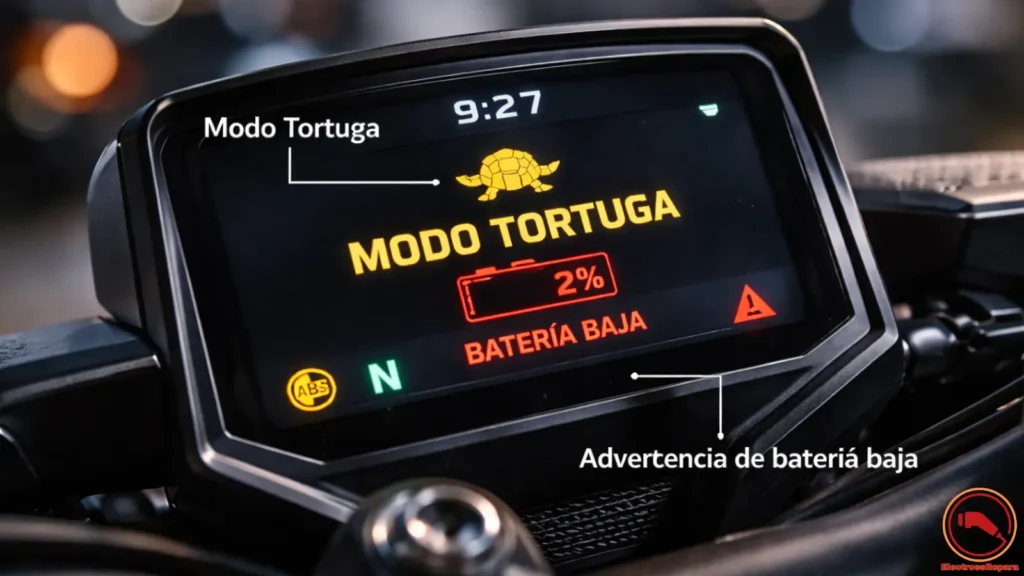 Icono de modo tortuga y aviso de batería baja en el panel de una moto eléctrica.