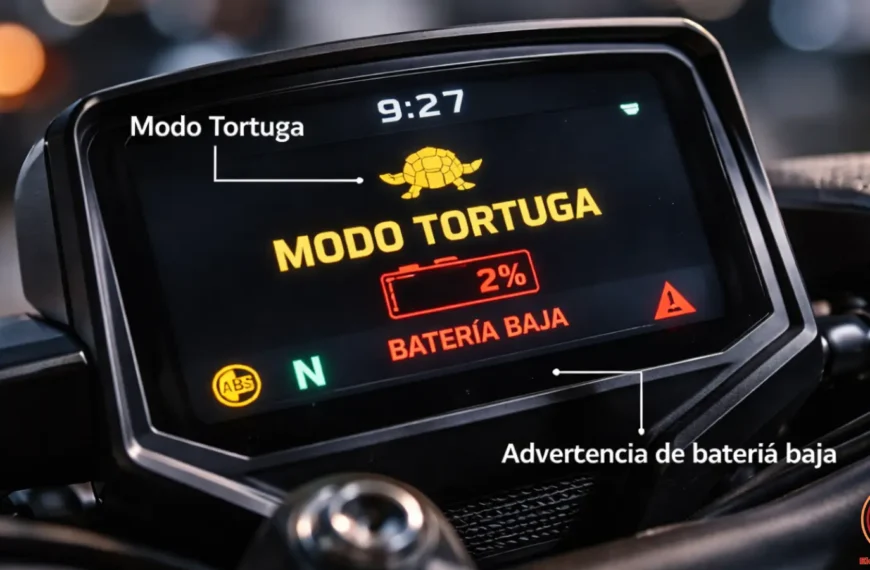 Icono de modo tortuga y aviso de batería baja en el panel de una moto eléctrica.