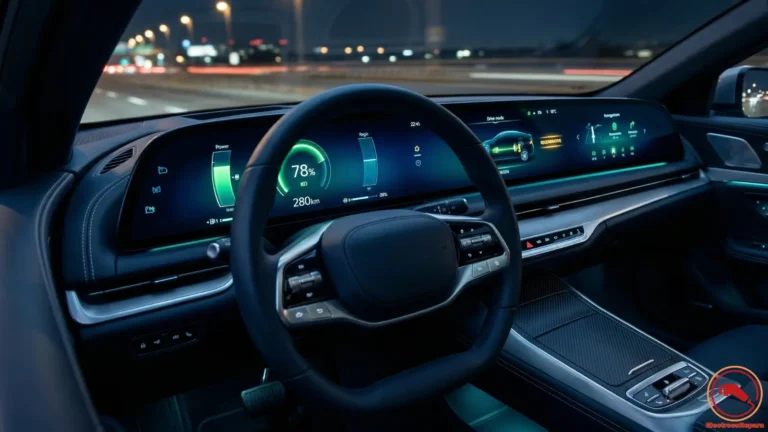 Cuadro de mandos de un coche eléctrico moderno mostrando indicadores de batería, autonomía y frenado regenerativo en un interior nocturno con iluminación ambiental azul y verde.