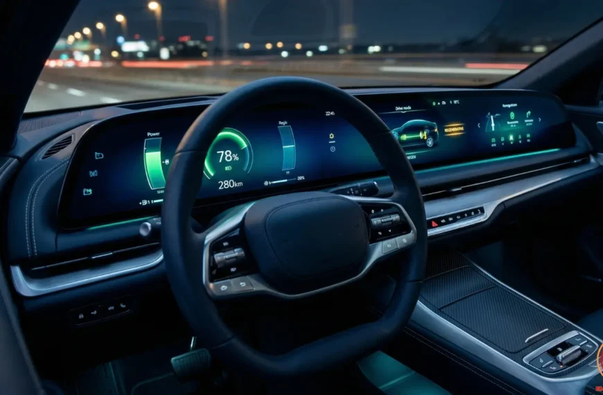 Cuadro de mandos de un coche eléctrico moderno mostrando indicadores de batería, autonomía y frenado regenerativo en un interior nocturno con iluminación ambiental azul y verde.