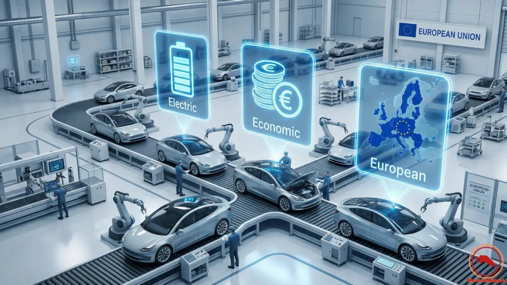 Ilustración 3D del Criterio EEE del Plan Auto+ 2026: ayudas para coches eléctricos fabricados en Europa.