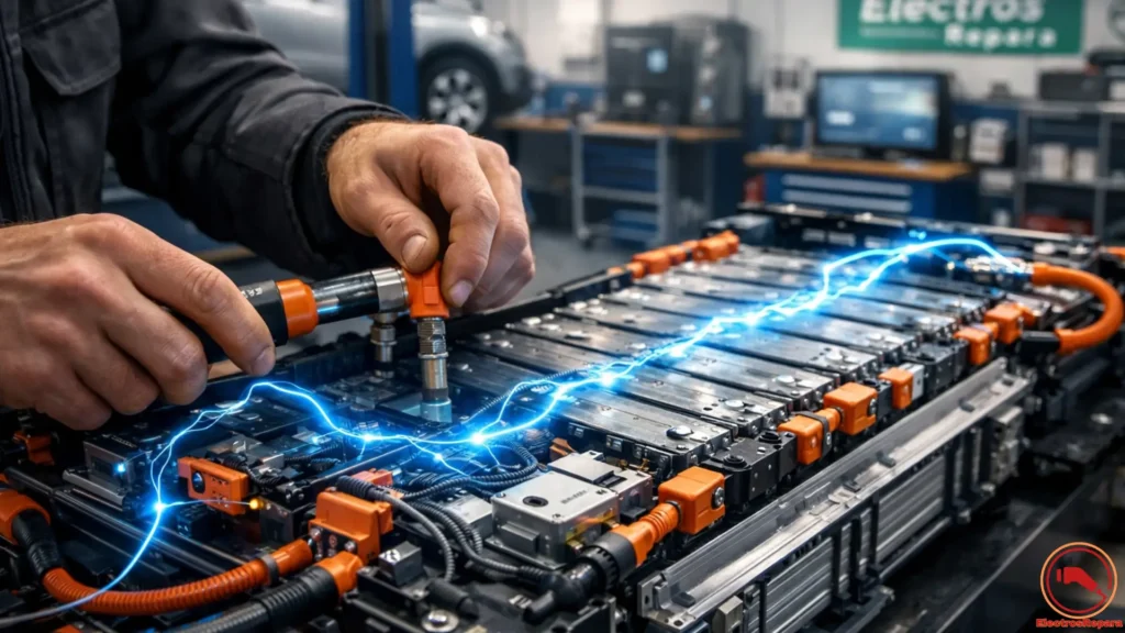 Técnico especialista diagnosticando la batería de un coche eléctrico para solicitar ayudas de reparación del Plan Auto+.
