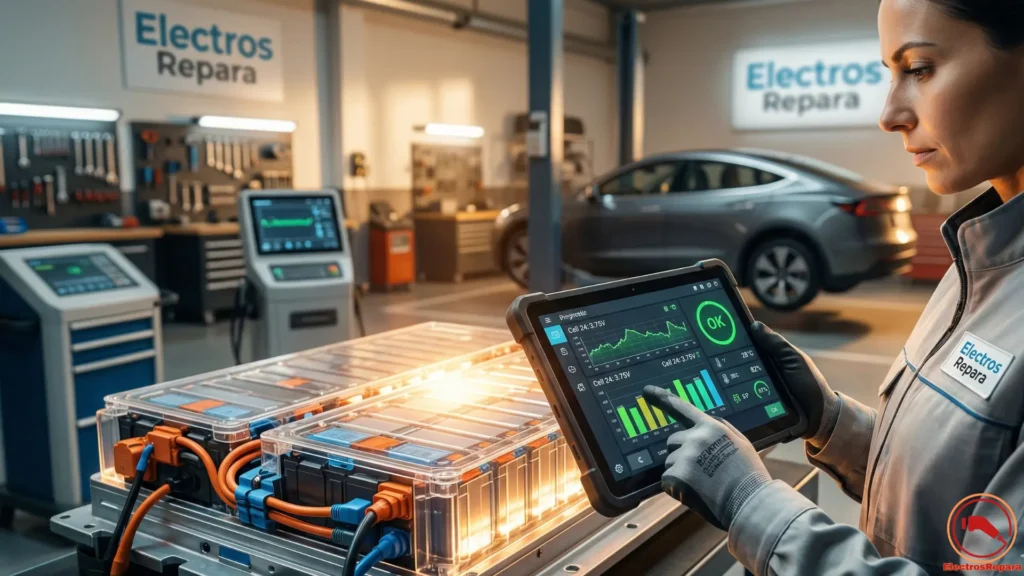 Técnico especialista diagnosticando la batería de un coche eléctrico para solicitar ayudas de reparación del Plan Auto+.