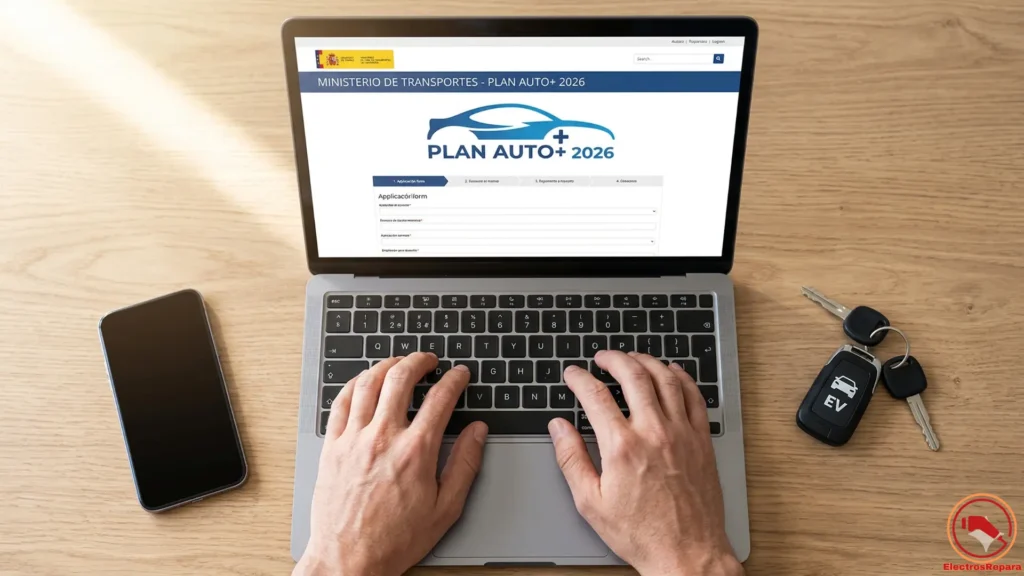 Proceso de solicitud online de las ayudas del Plan Auto+ 2026 para la compra de vehículos eléctricos.